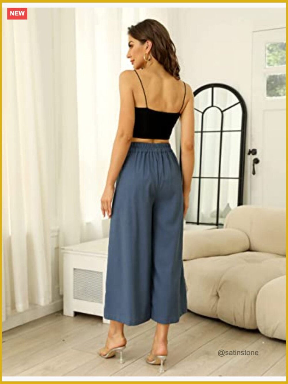 Linen Blend Wide Leg Palazzo Pants with Pockets - Picture 6 of 7